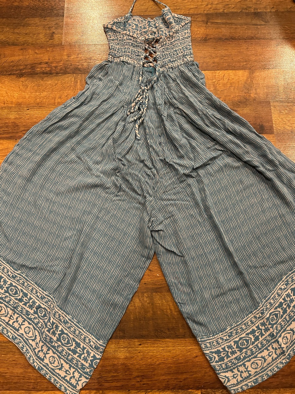 Free People Crystal Bay Wide Leg Open Tied Back Blue Halter Romper Small - Picture 7 of 9